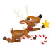 Animated reindeer holding a candy cane and star on a white background