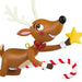 Animated reindeer character with a candy cane and star on a white background