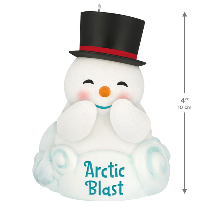 Snowman-shaped ornament with a black top hat and 'Arctic Blast' text, featuring measurements on a white background.