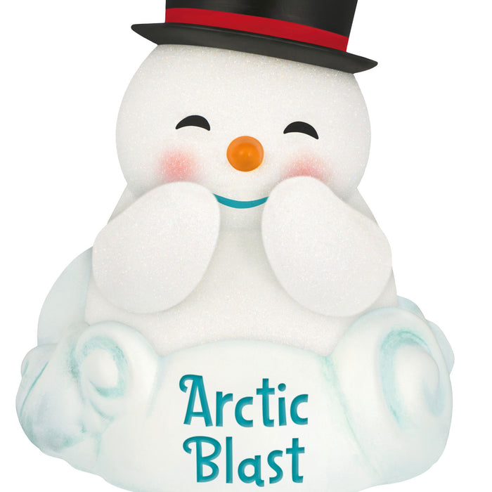 Snowman figurine with a top hat and 'Arctic Blast' text on a white background