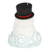A snowman with a black top hat and red band on a white background