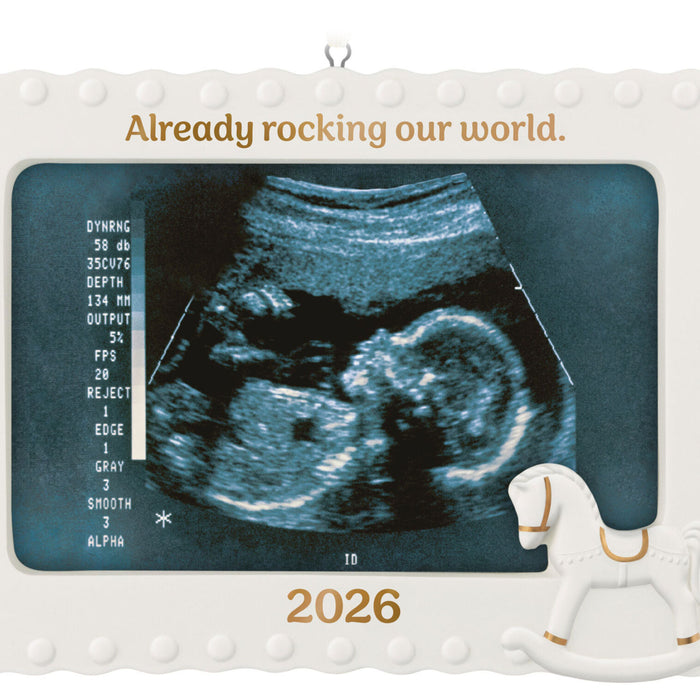 Decorative ornament with ultrasound image and 'Already rocking our world.' text, featuring a rocking horse design.