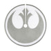 Metallic emblem with a central design on a white background