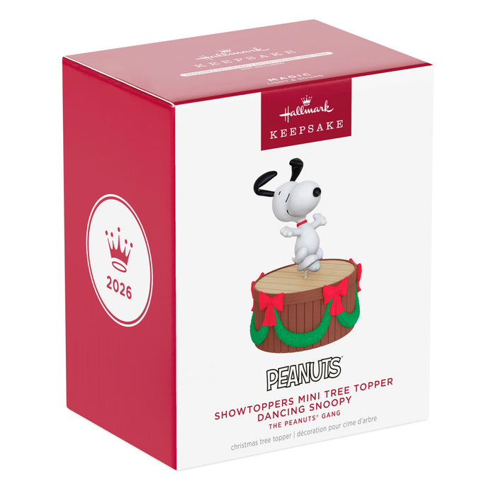 Hallmark Peanuts Dancing Snoopy mini tree topper packaging on a white background