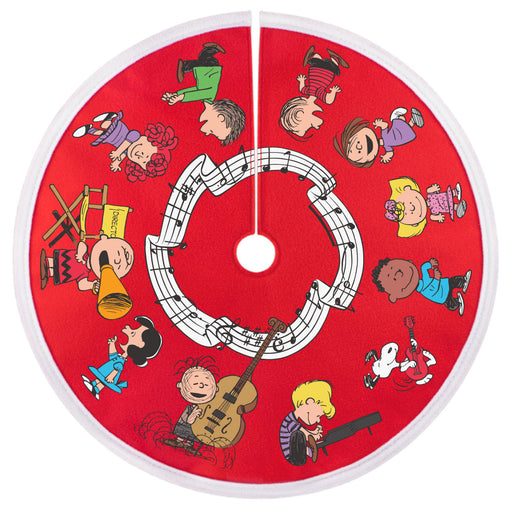 Circular red disc with cartoon characters and musical notes on a white background