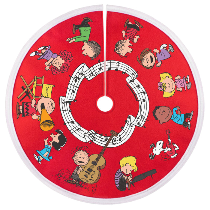 Circular red disc with cartoon characters and musical notes on a white background