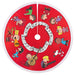 Circular red disc with cartoon characters and musical notes on a white background