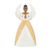 Decorative angel ornament with gold and white dress on a white background