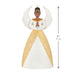 Decorative angel ornament with gold and white dress, measurement label on a white background