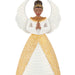 Decorative ornament of an angel in a white and gold dress with a patterned headpiece on a white background