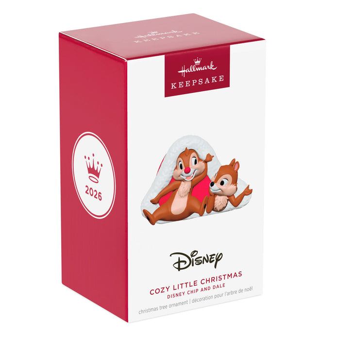 Hallmark Disney Cozy Little Christmas ornament packaging with Chip and Dale on a white background