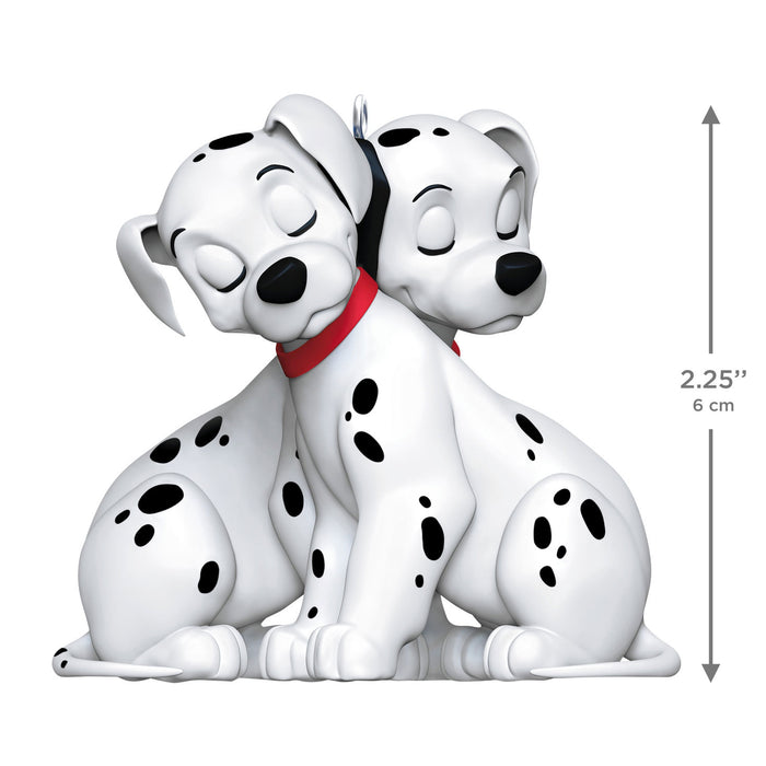 Two cartoon Dalmatian dogs sitting together with a measurement label on a white background