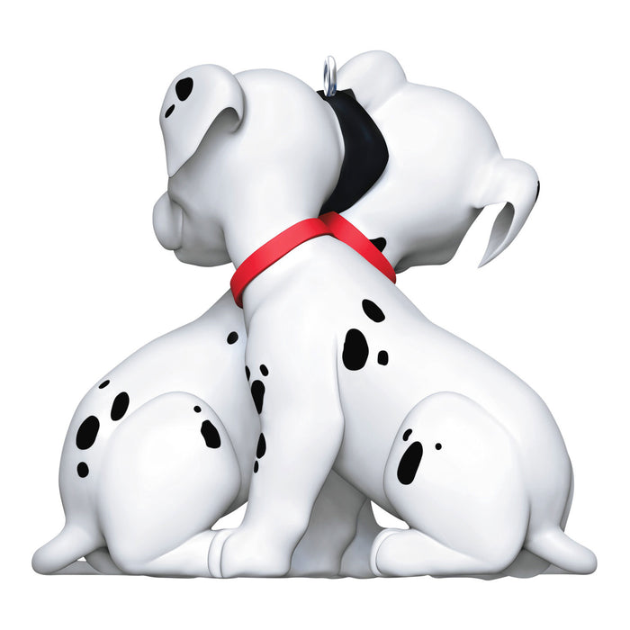 Two cartoon dogs hugging with a red collar on a white background