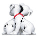 Two cartoon dogs hugging with a red collar on a white background