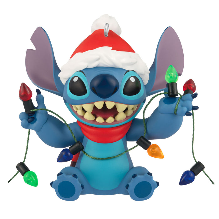 Animated character with Christmas lights and Santa hat on a white background