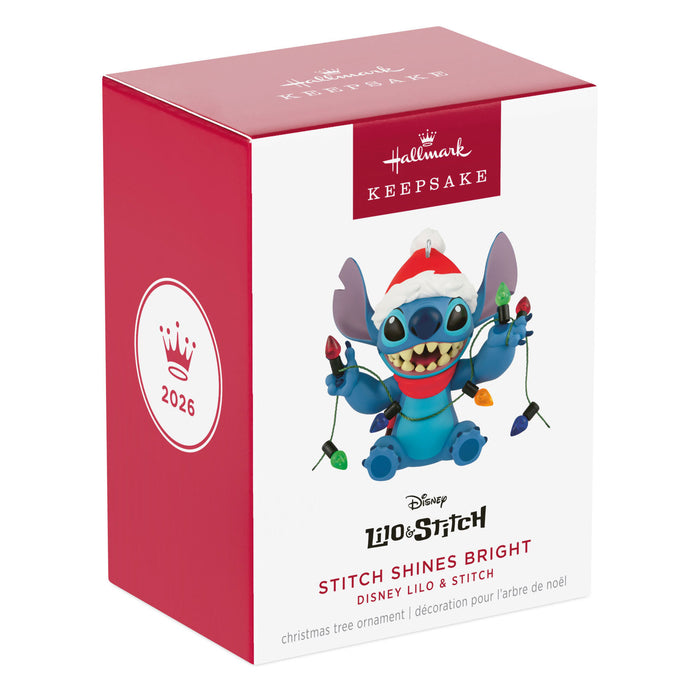 Hallmark Keepsake Ornament packaging featuring Stitch from Lilo & Stitch with Christmas lights on a white background.