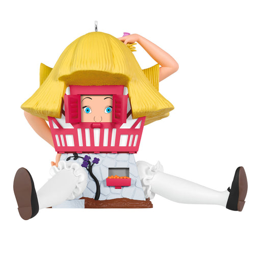 Animated character with a large yellow hat and pink headgear on a white background