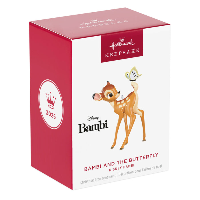 Hallmark Keepsake ornament packaging featuring Bambi and the Butterfly, with a red and white design.