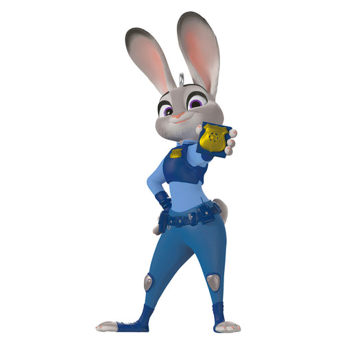 Animated character in a blue police uniform holding a badge on a white background