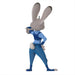 Animated character figure in blue outfit with gun on white background