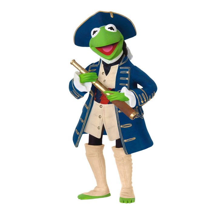 Green character in a blue coat with a hat holding a telescope on a white background
