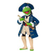 Green character in a blue coat with a hat holding a telescope on a white background