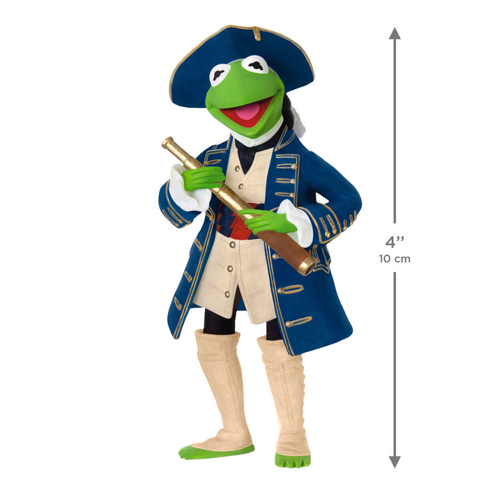 Green character in a blue coat with a size measurement on a white background