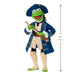 Green character in a blue coat with a size measurement on a white background