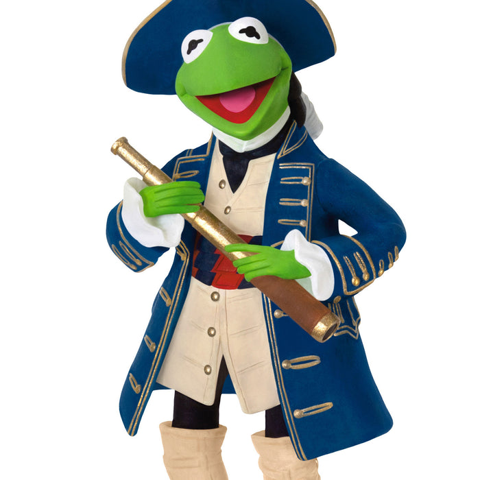 Green frog character in a blue coat with a telescope on a white background