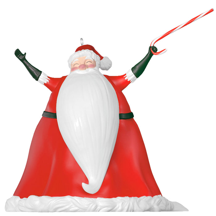 Santa Claus ornament with a red cape and white beard on a white background