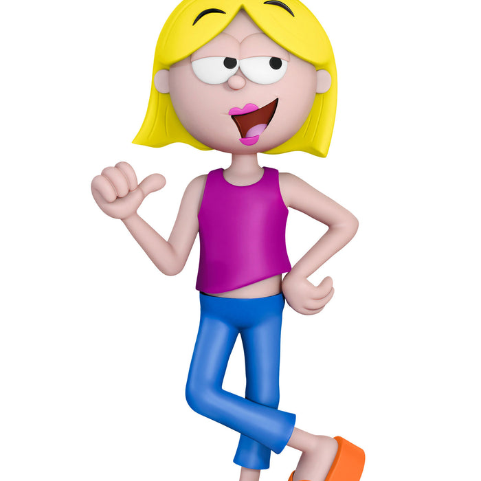 Cartoon character with yellow hair, purple shirt, and blue pants on a white background
