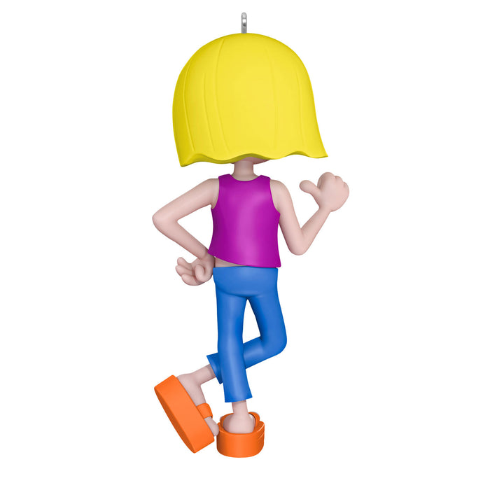 Colorful figurine with a yellow head, purple top, blue pants, and orange shoes on a white background