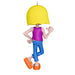 Colorful figurine with a yellow head, purple top, blue pants, and orange shoes on a white background