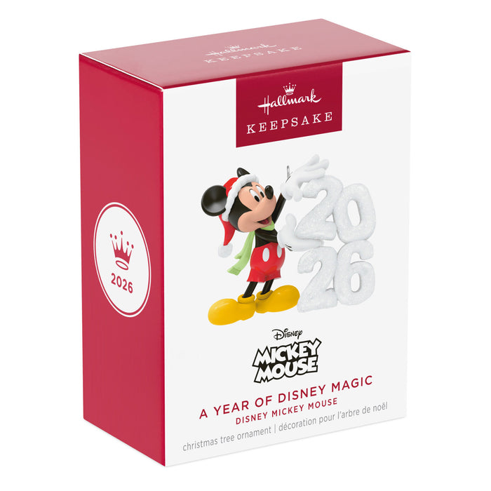 Hallmark Disney Mickey Mouse 2026 Christmas ornament packaging on a white background