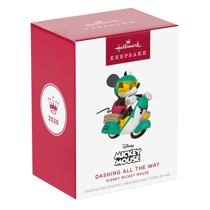 Hallmark 2026 Disney Mickey Mouse Christmas ornament packaging on a white background
