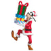 Animated character in Santa Claus outfit holding a stack of colorful gifts on a white background
