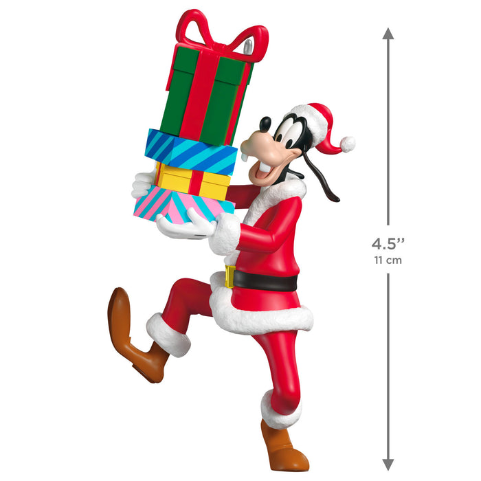 Animated character in Santa Claus outfit holding Christmas presents with size measurement on a white background