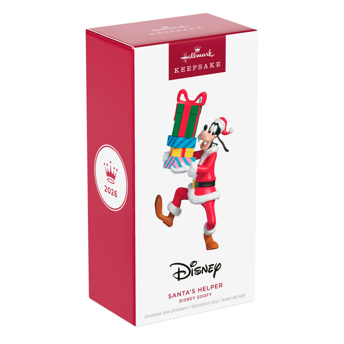 Hallmark Disney Goofy ornament packaging for 2026, featuring a red and white box with Christmas-themed design.