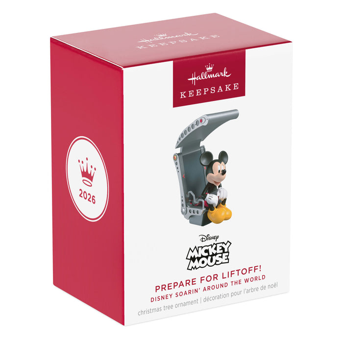 Hallmark 2026 Disney Mickey Mouse 'Prepare for Liftoff!' Christmas ornament packaging on a white background