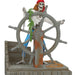 Pirate skeleton figure on a ship's wheel with a white background