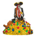 Pirate skeleton figurine with gold coins and colorful gems on a white background
