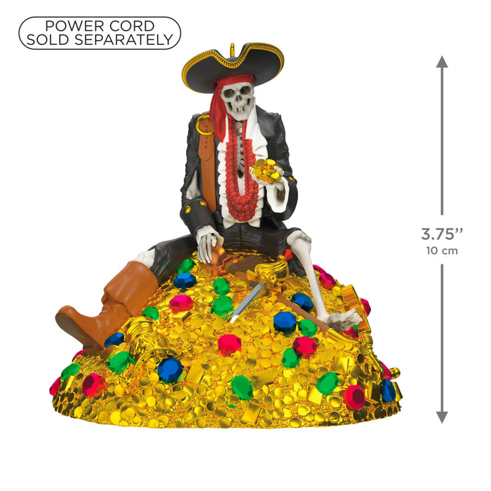 Pirate skeleton figure with treasure chest and colorful gems, size indicated.