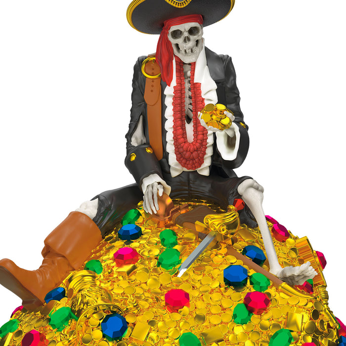 Skeleton figure in pirate attire with gold coins and colorful gems on a white background