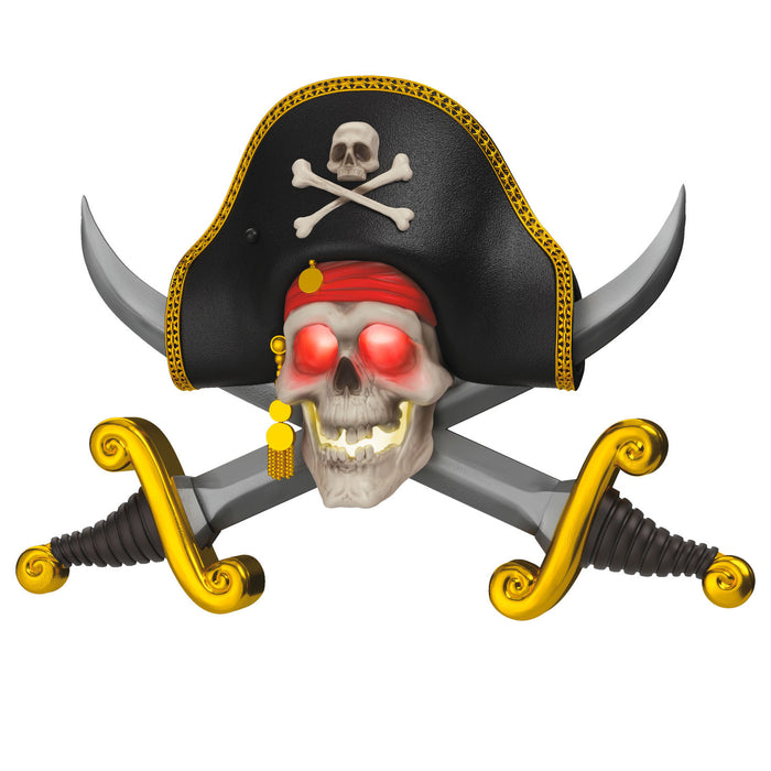 Pirate skull with red glowing eyes, black tricorn hat, and crossed swords on a white background