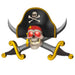 Pirate skull with red glowing eyes, black tricorn hat, and crossed swords on a white background