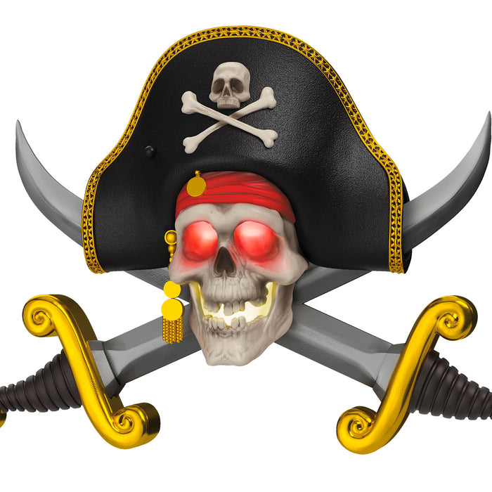 Pirate skull with red eyes, black tricorn hat, and crossed swords on a white background