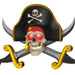 Pirate skull with red eyes, black tricorn hat, and crossed swords on a white background