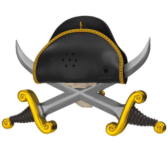 Black tricorn hat with gold trim and crossed sabers on a white background
