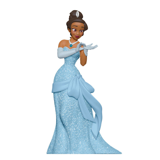 Animated character in a blue gown with dimensions indicated on a white background