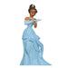 Animated character in a blue gown with dimensions indicated on a white background